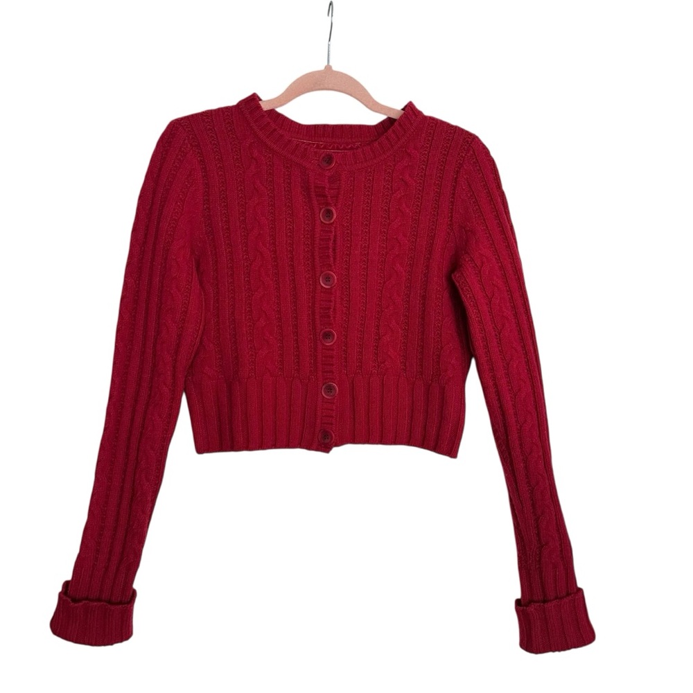 EXPRESS Y2K Red Cable‎ Knit Cropped Cardigan Sweater Merino Wool Blend Size L